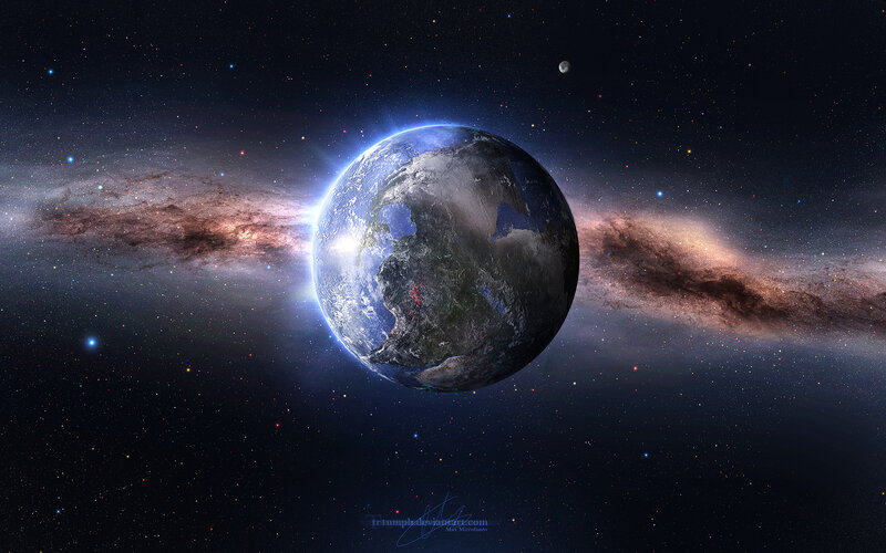 Earth from Space — Blue, Dramatic, Night, Digital Art, Galaxy, Moon, Stars
