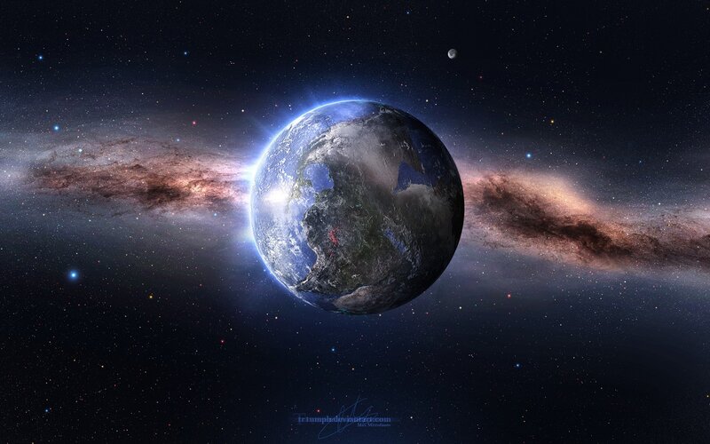Earth from Space — Blue, Dramatic, Night, Digital Art, Galaxy, Moon