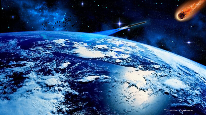 Earth from Space — Blue, Dramatic, Night, Digital Art, Meteor