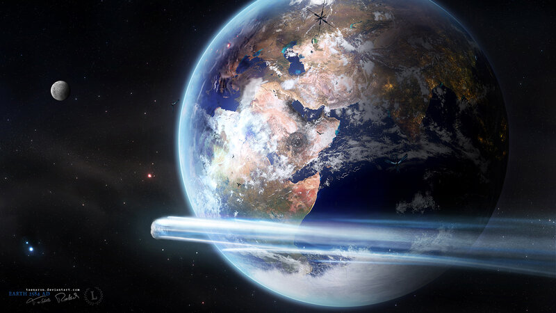 Earth from Space — Blue, Dramatic, Night, Digital Art, Moon, Asteroid, Satellites