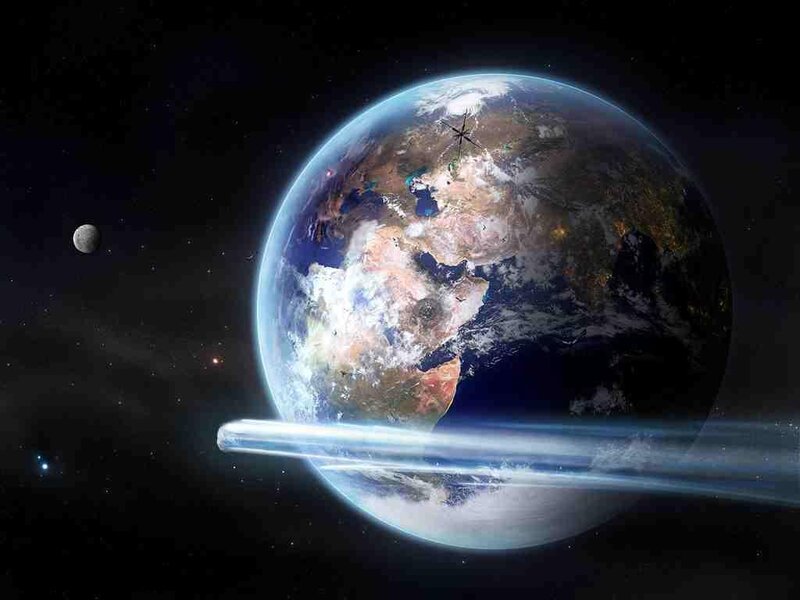 Earth from Space — Blue, Dramatic, Night, Digital Art, Moon, Asteroid, Stars
