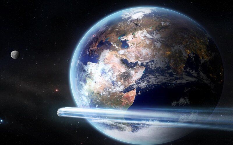Earth from Space — Blue, Dramatic, Night, Digital Art, Moon, Asteroid