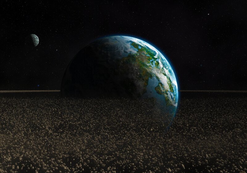 Earth from Space — Blue, Dramatic, Night, Digital Art, Moon, Asteroids, Stars