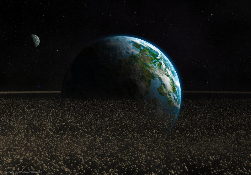 Earth from Space — Blue, Dramatic, Night, Digital Art, Moon, Asteroids