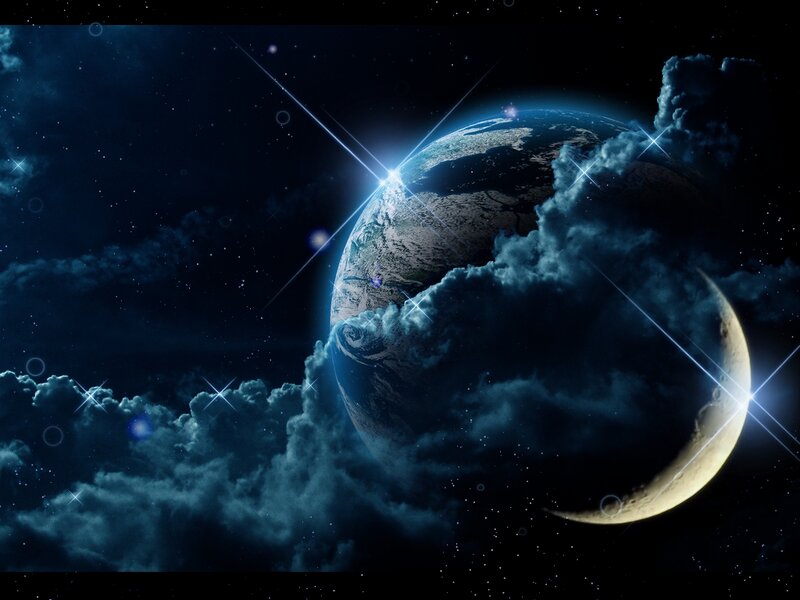 Earth from Space — Blue, Dramatic, Night, Digital Art, Moon, Clouds, Stars