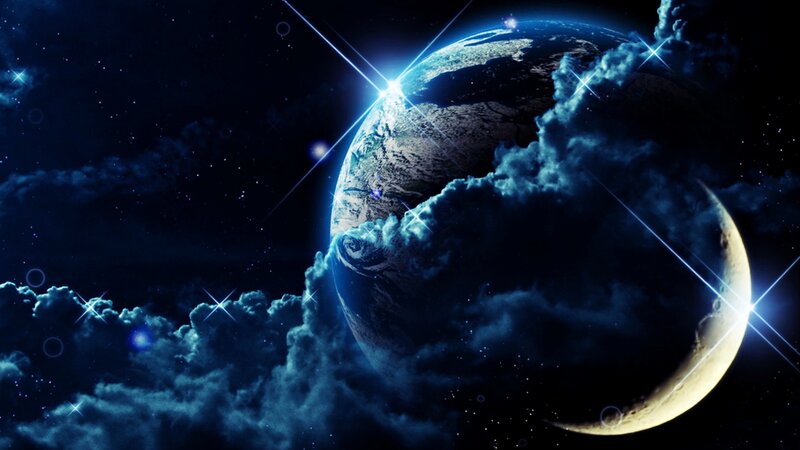 Earth from Space — Blue, Dramatic, Night, Digital Art, Moon, Clouds