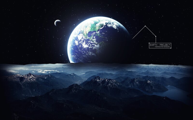 Earth from Space — Blue, Dramatic, Night, Digital Art, Moon, Mountains