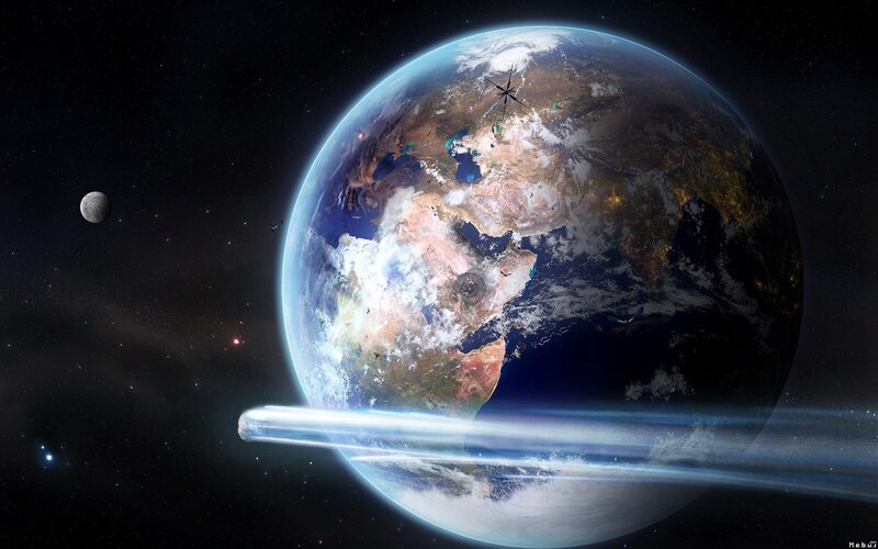 Earth from Space — Blue, Dramatic, Night, Digital Art, Moon, Satellite, Comet