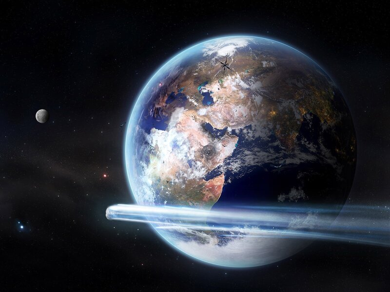 Earth from Space — Blue, Dramatic, Night, Digital Art, Moon, Satellites
