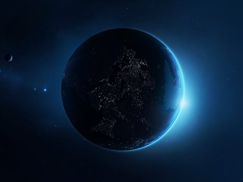 Earth from Space — Blue, Dramatic, Night, Digital Art, Night Lights, Moon