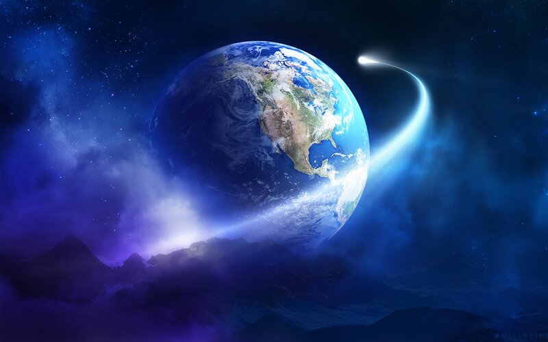 Earth from Space — Blue, Dramatic, Night, Digital Art, Planet, Comet