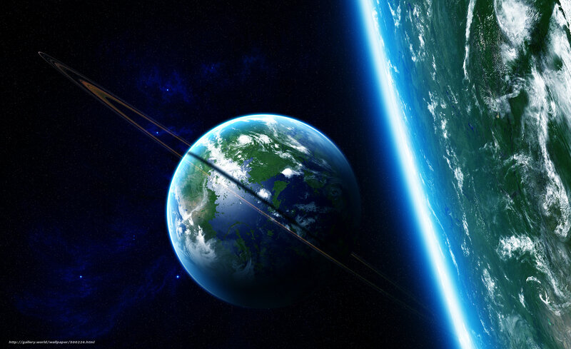 Earth from Space — Blue, Dramatic, Night, Digital Art, Planet, Rings