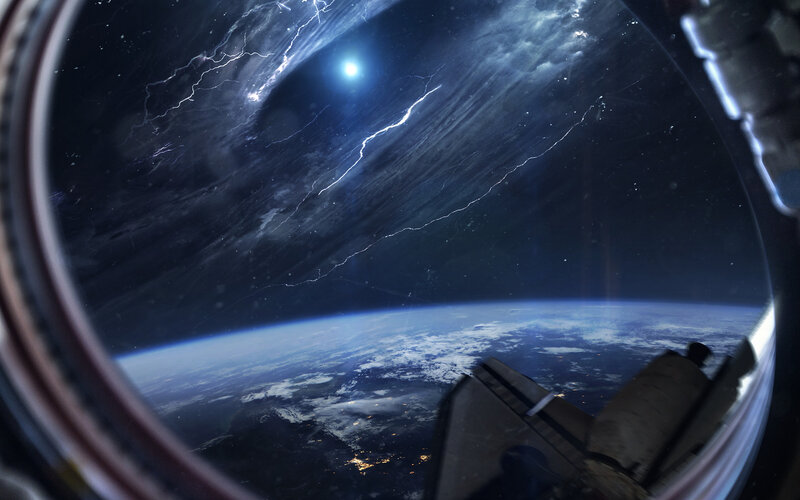 Earth from Space — Blue, Dramatic, Night, Digital Art, Planet, Spacecraft