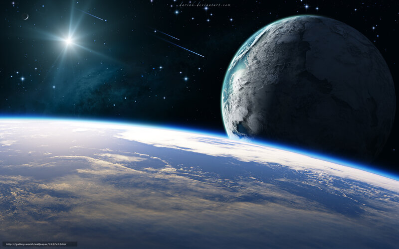 Earth from Space — Blue, Dramatic, Night, Digital Art, Planet, Stars, Comet