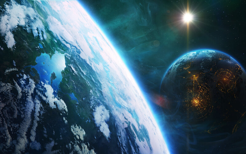 Earth from Space — Blue, Dramatic, Night, Digital Art, Planet, Sun, Clouds