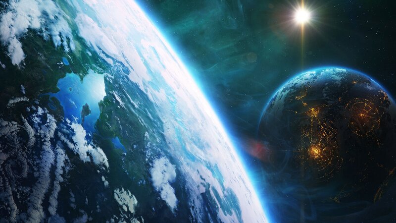 Earth from Space — Blue, Dramatic, Night, Digital Art, Planet, Sun