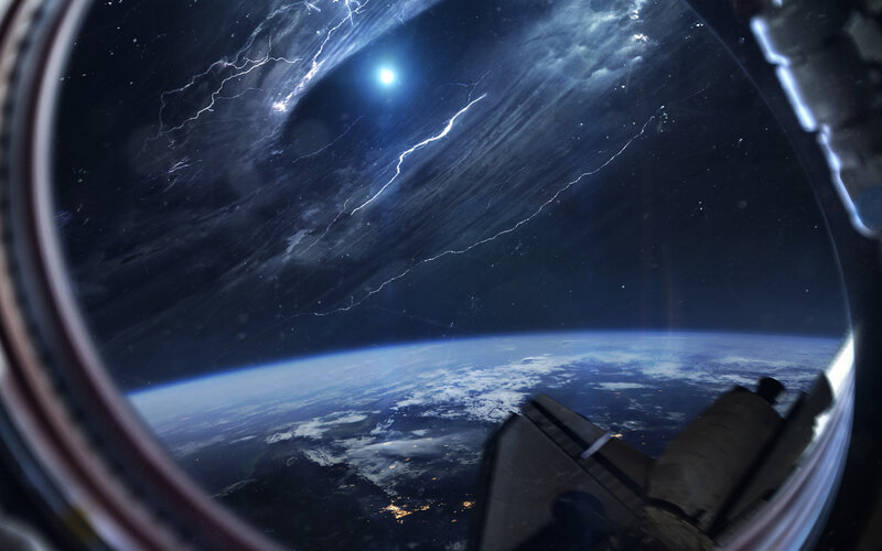 Earth from Space — Blue, Dramatic, Night, Digital Art, Spacecraft