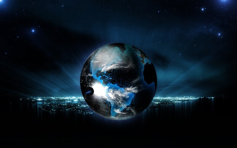 Earth from Space — Blue, Dramatic, Night, Digital Art, Stars, City Lights, Clouds