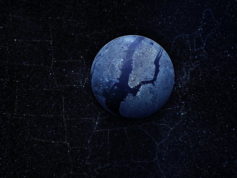 Earth from Space — Blue, Dramatic, Night, Digital Art, Stars, City Lights, River