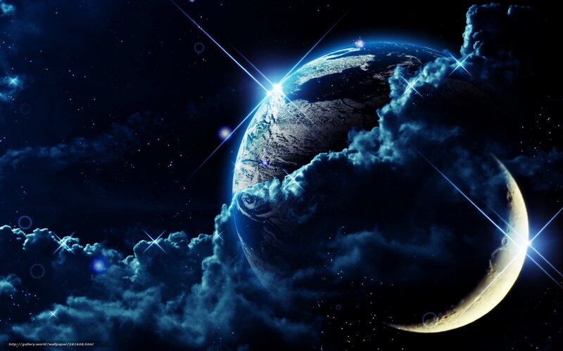 Earth from Space — Blue, Dramatic, Night, Digital Art, Stars, Clouds, Moon