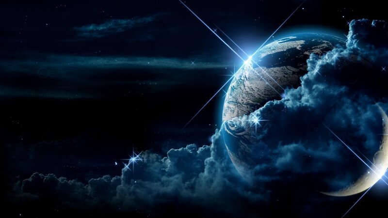 Earth from Space — Blue, Dramatic, Night, Digital Art, Stars, Clouds, Planet