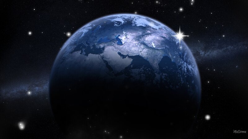 Earth from Space — Blue, Dramatic, Night, Digital Art, Stars, Galaxy, Continent