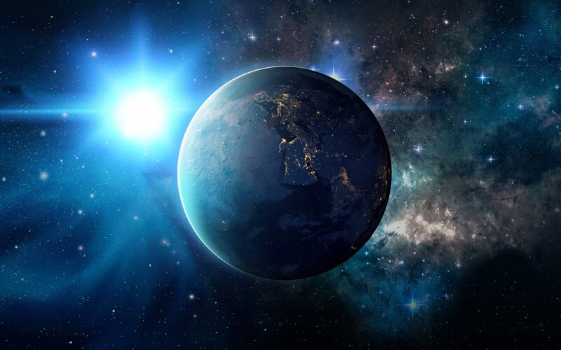Earth from Space — Blue, Dramatic, Night, Digital Art, Stars, Galaxy, Sun