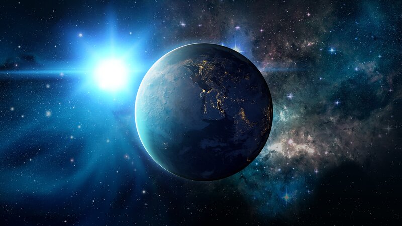 Earth from Space — Blue, Dramatic, Night, Digital Art, Sun, Stars, Galaxy