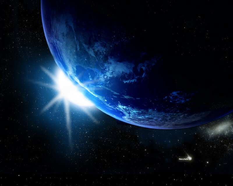 Earth from Space — Blue, Dramatic, Night, Digital Art, Sun, Stars