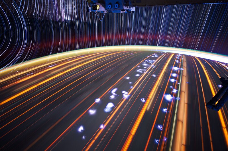 Earth from Space — Blue, Dramatic, Night, Photograph, Space Station, Light Trails