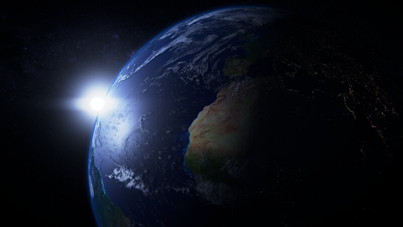 Earth from Space — Blue, Dramatic, Sunrise, 3d Render, Sun, Clouds, Continent