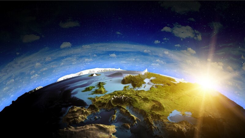 Earth from Space — Blue, Dramatic, Sunrise, 3d Render, Sun, Clouds, Continents