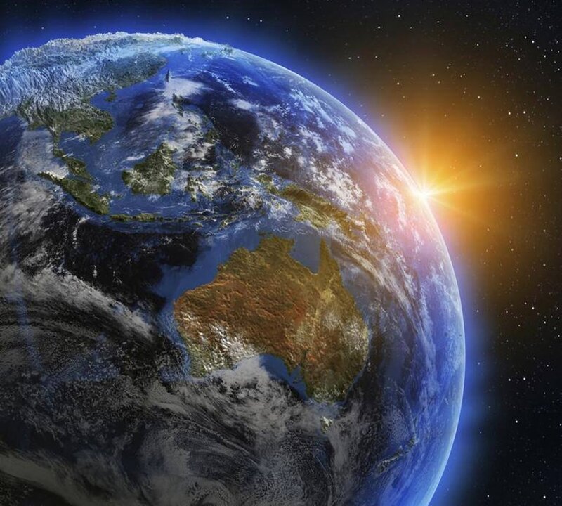 Earth from Space — Blue, Dramatic, Sunrise, 3d Render, Sun, Clouds, Ocean