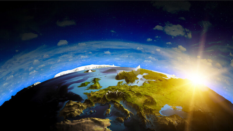 Earth from Space — Blue, Dramatic, Sunrise, 3d Render, Sun, Clouds