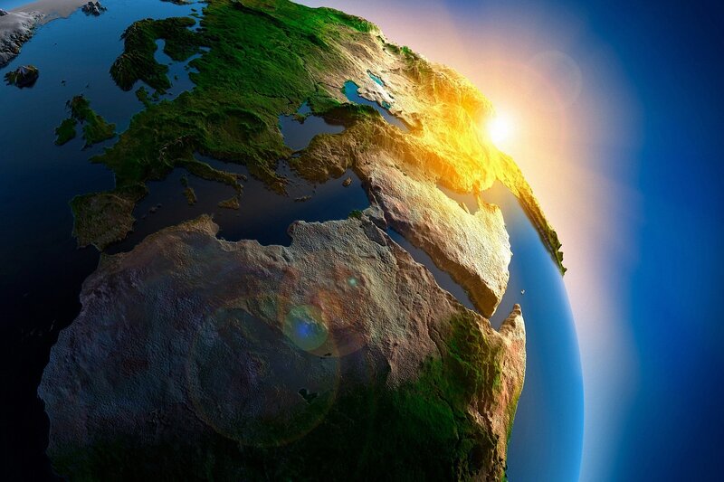 Earth from Space — Blue, Dramatic, Sunrise, 3d Render, Sun, Continent