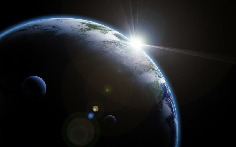 Earth from Space — Blue, Dramatic, Sunrise, 3d Render, Sun, Moon
