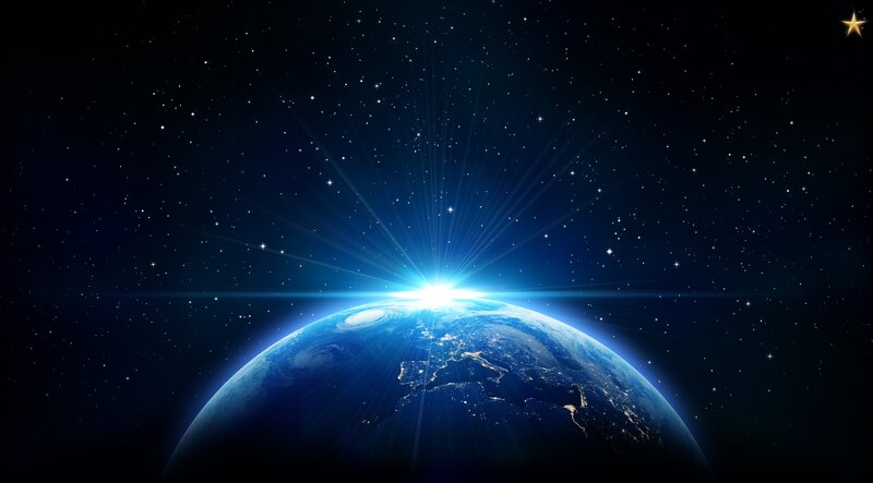 Earth from Space — Blue, Dramatic, Sunrise, Digital Art, Stars, Planet