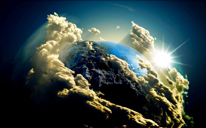 Earth from Space — Blue, Dramatic, Sunrise, Digital Art, Sun, Clouds, Ocean