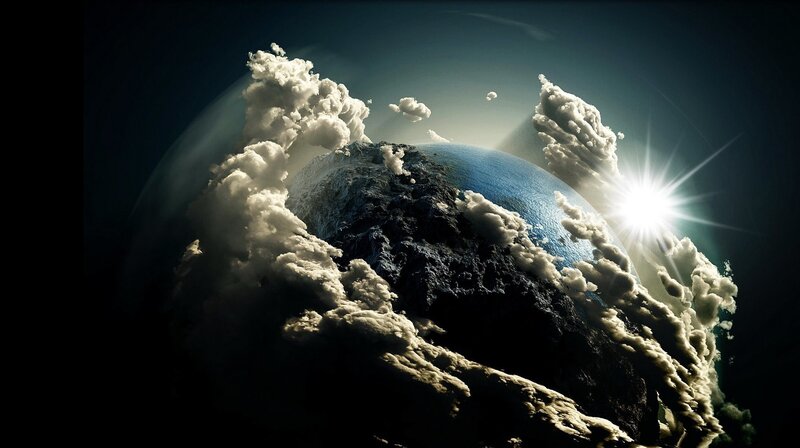 Earth from Space — Blue, Dramatic, Sunrise, Digital Art, Sun, Clouds, Planet, White