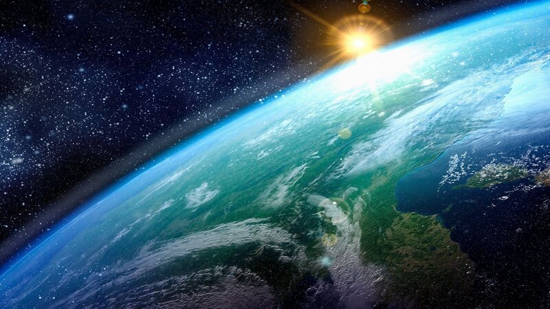 Earth from Space — Blue, Dramatic, Sunrise, Digital Art, Sun, Clouds, Stars