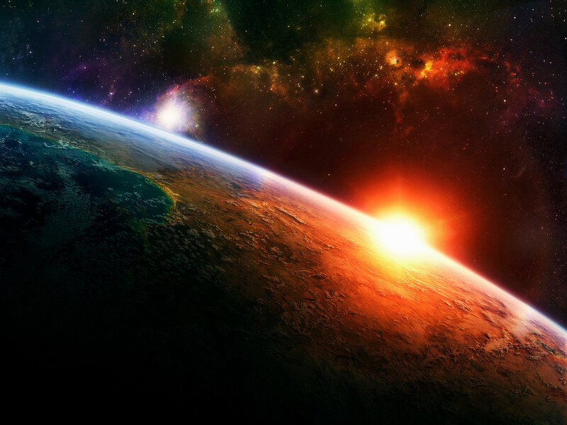 Earth from Space — Blue, Dramatic, Sunset, Digital Art, Sun, Stars, Galaxy