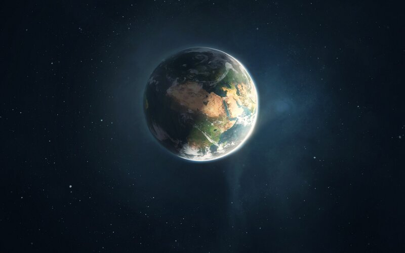 Earth from Space — Blue, Serene, 3d Render, Stars, Planet, Sunlight