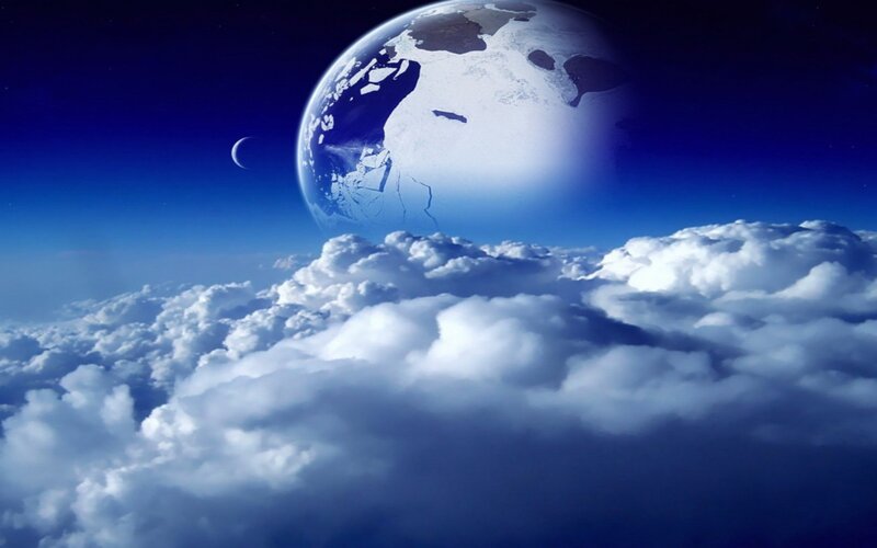 Earth from Space — Blue, Serene, Digital Art, Clouds, Moon
