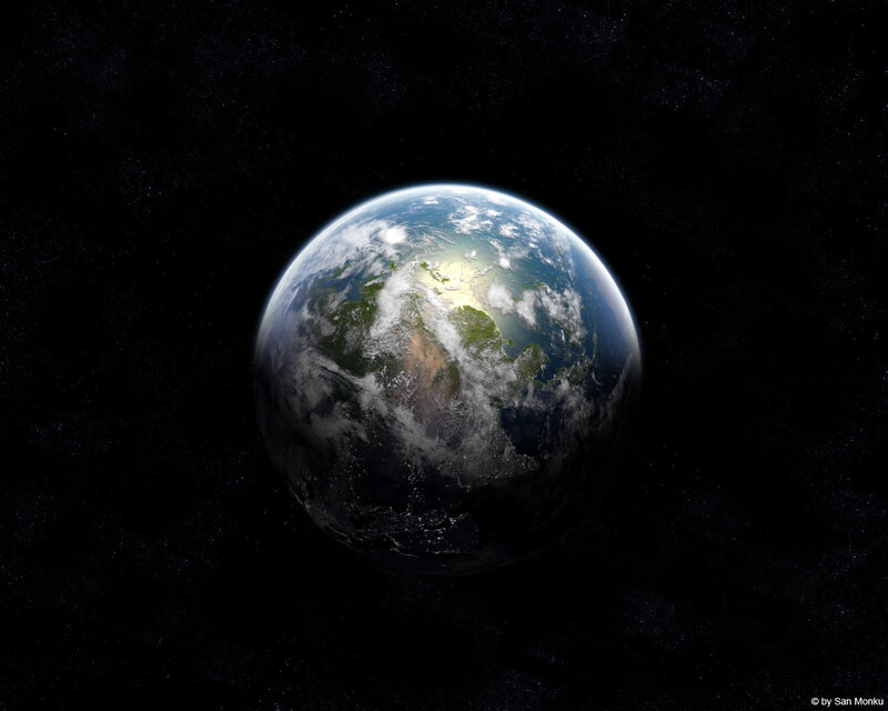 Earth from Space — Blue, Serene, Digital Art, Planet, Clouds, Stars