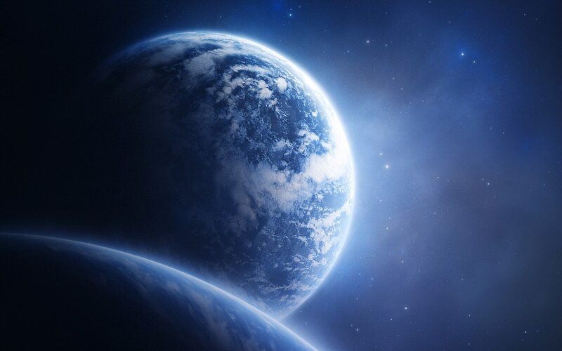 Earth from Space — Blue, Serene, Digital Art, Planet, Stars, Clouds