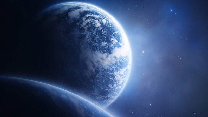 Earth from Space — Blue, Serene, Digital Art, Stars, Clouds, Planet