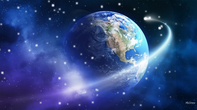 Earth from Space — Blue, Serene, Digital Art, Stars, Comet, Nebula