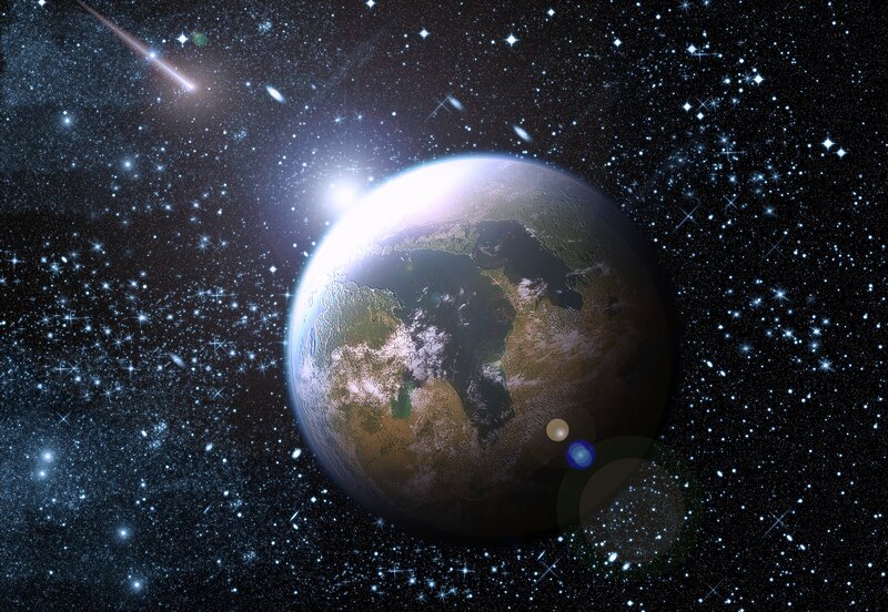 Earth from Space — Blue, Serene, Digital Art, Stars, Comet