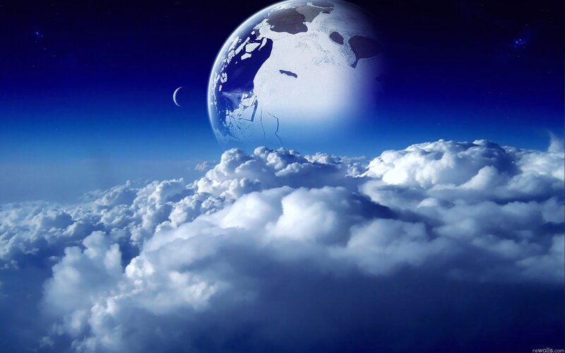Earth from Space — Blue, Serene, Night, Digital Art, Clouds, Moon
