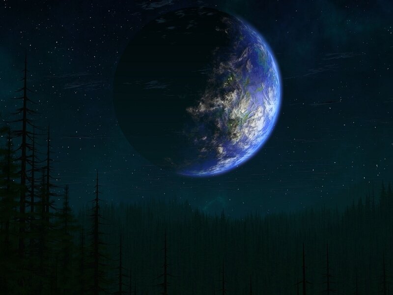 Earth from Space — Blue, Serene, Night, Digital Art, Forest, Stars, Planet, Black